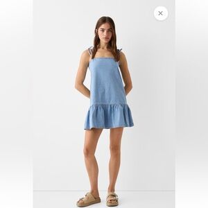 Bershka denim strappy tiered hem mini dress in blue size M
